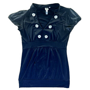 Vintage Y2K Heart Soul Black V-Neck with Buttons Babydoll Top Size M